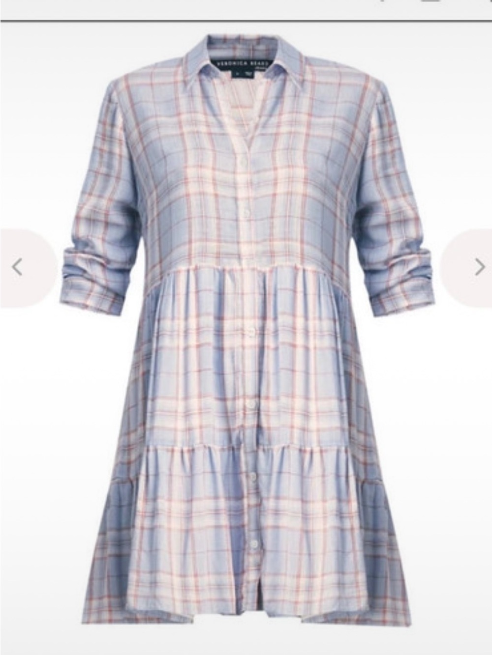 Veronica Beard Light Blue and Red Plaid Tiered Shirt Dress